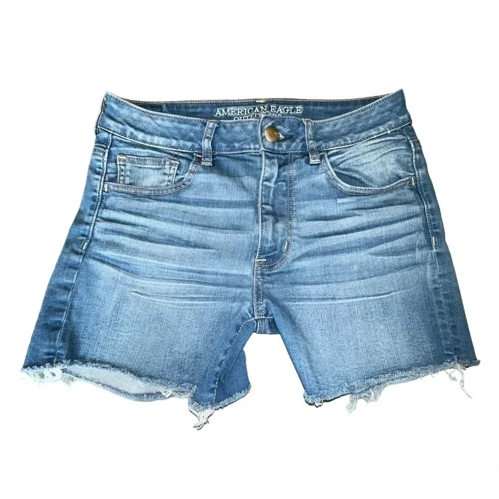 American Eagle Hi-Rise Shortie 8 Blue Super Stretch Denim Cut-Off Frayed Shorts